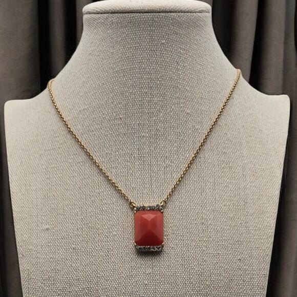 Red Coral and Rhinestone Vintage Signed Monet Pendant Necklace - Picture 2 of 6